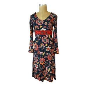 Aldo Martins Navy Floral Knit Midi Dress with Red Accents